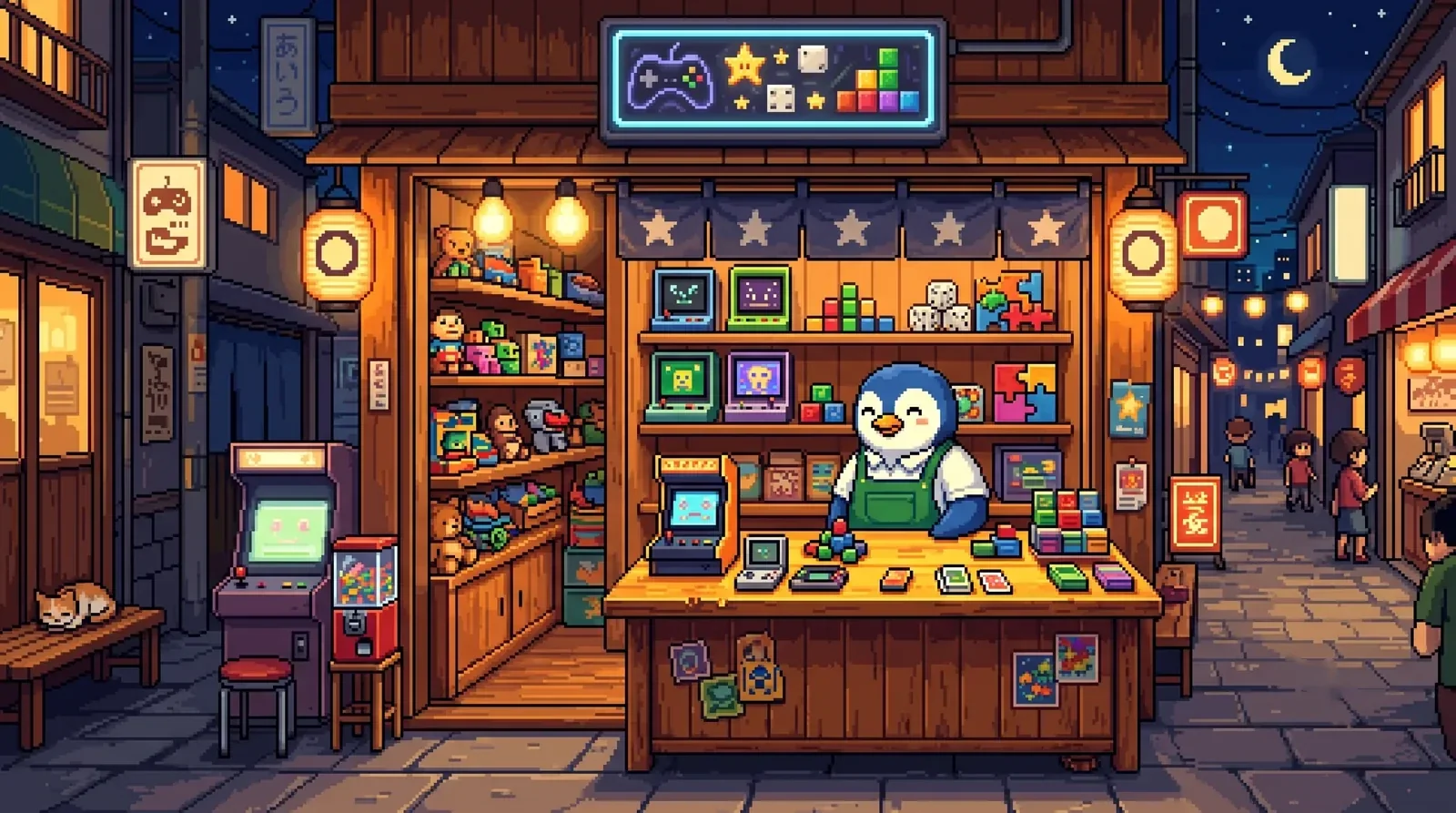 夜の商店街に立つ、ペンギン店主のゲーム屋台（ドット絵）